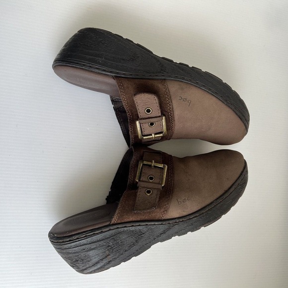 BOC Born Women's Sz 8 Brown Leather Slip On Clogs 2" Wedge Mules Y2K Buckle - Picture 8 of 12